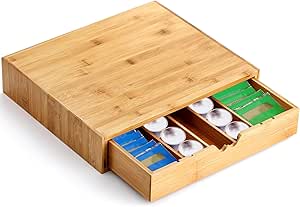 Peohud Bamboo Coffee Pod Drawer, Espresso Coffee Capsule Holder with 5 Adjustable Compartment, Tea Bag Storage Organizer for Kitchen Counter Office CoffeeBar Station