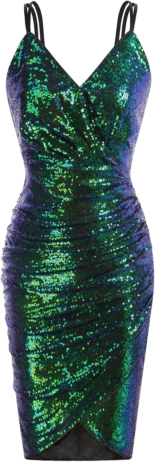 Sexy sequin party dress with spaghetti straps and V-neck.