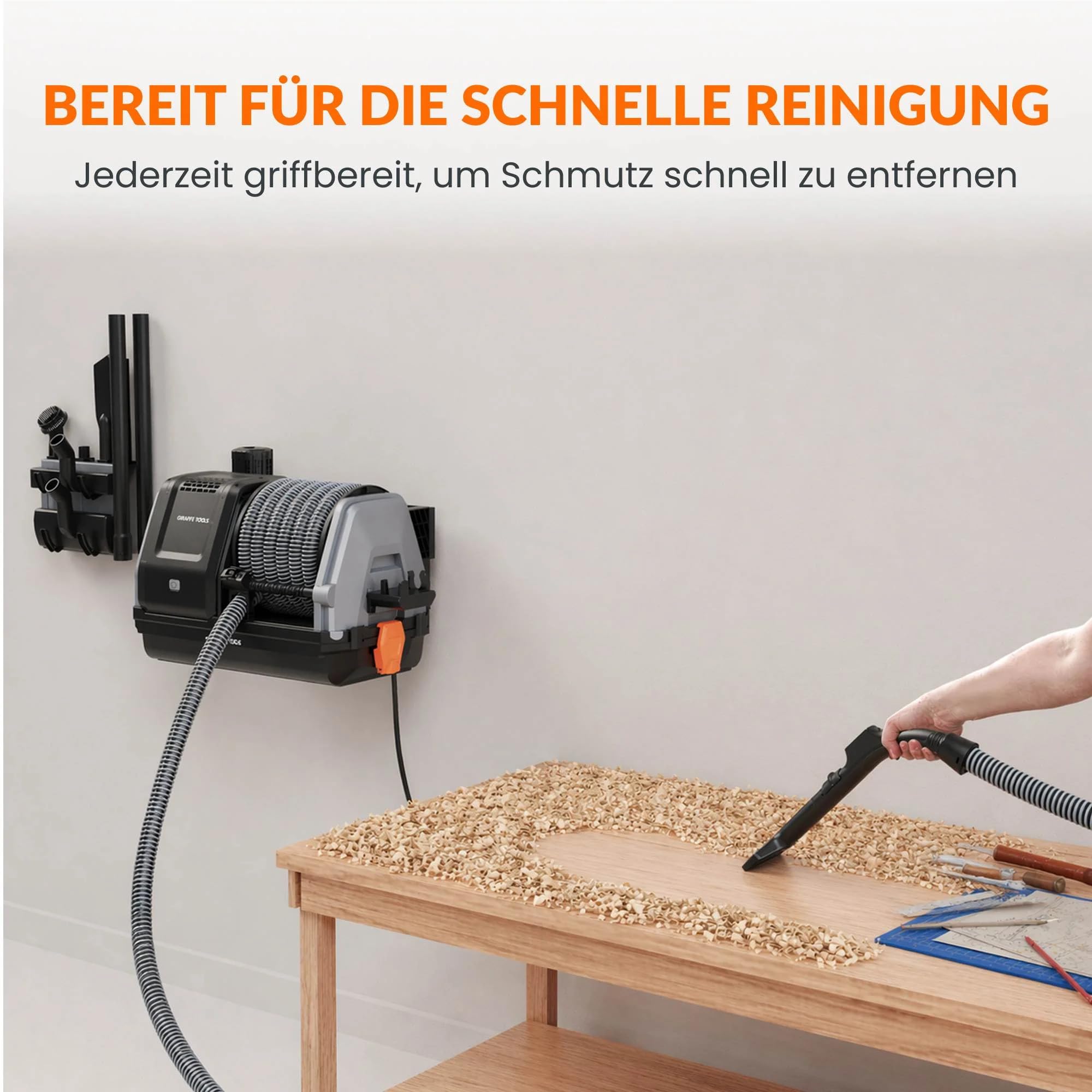 Giraffe Tools Grandstorm Einziehbarer Staubsauger mit 10 m langem, knickfestem Schlauch, wandmontierter Staubsauger mit 6 Düsen für die Garagenreinigung, Fernbedienung, Schwarz