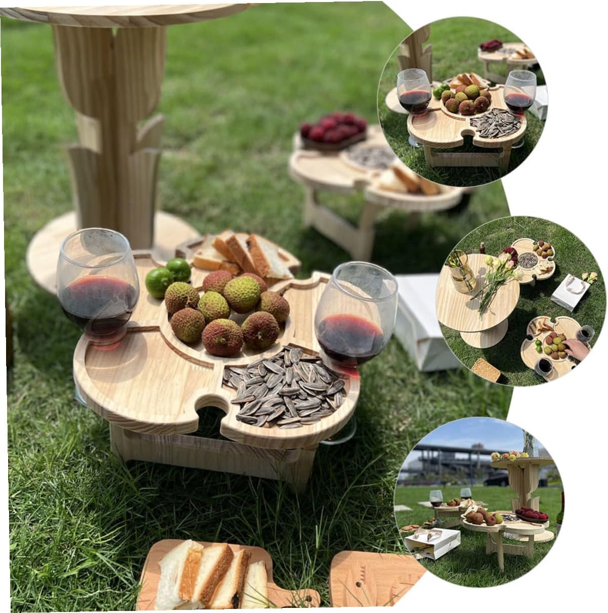 POPETPOP Portable Wooden Wine Desk Folding Picnic Table Outdoor Beach Beverage Holder 35cm Diameter Petal Shape Compact Table for Camping and BBQ