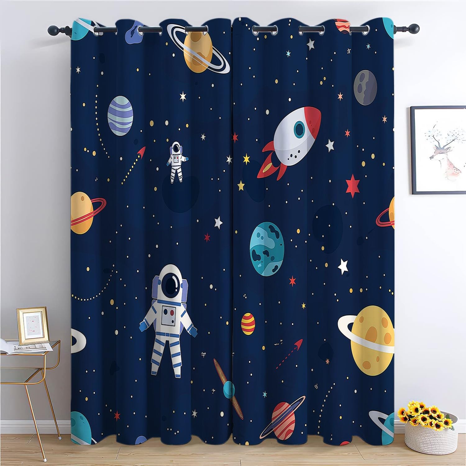 Thermal Insulated Blackout Curtains, Cartoon Space Astronaut Printed Eyelet Curtains for Bedroom, Privacy Eyelet Thermal Insulated Dark Blue Curtains for Girls Room W 66" x L 72" x 2