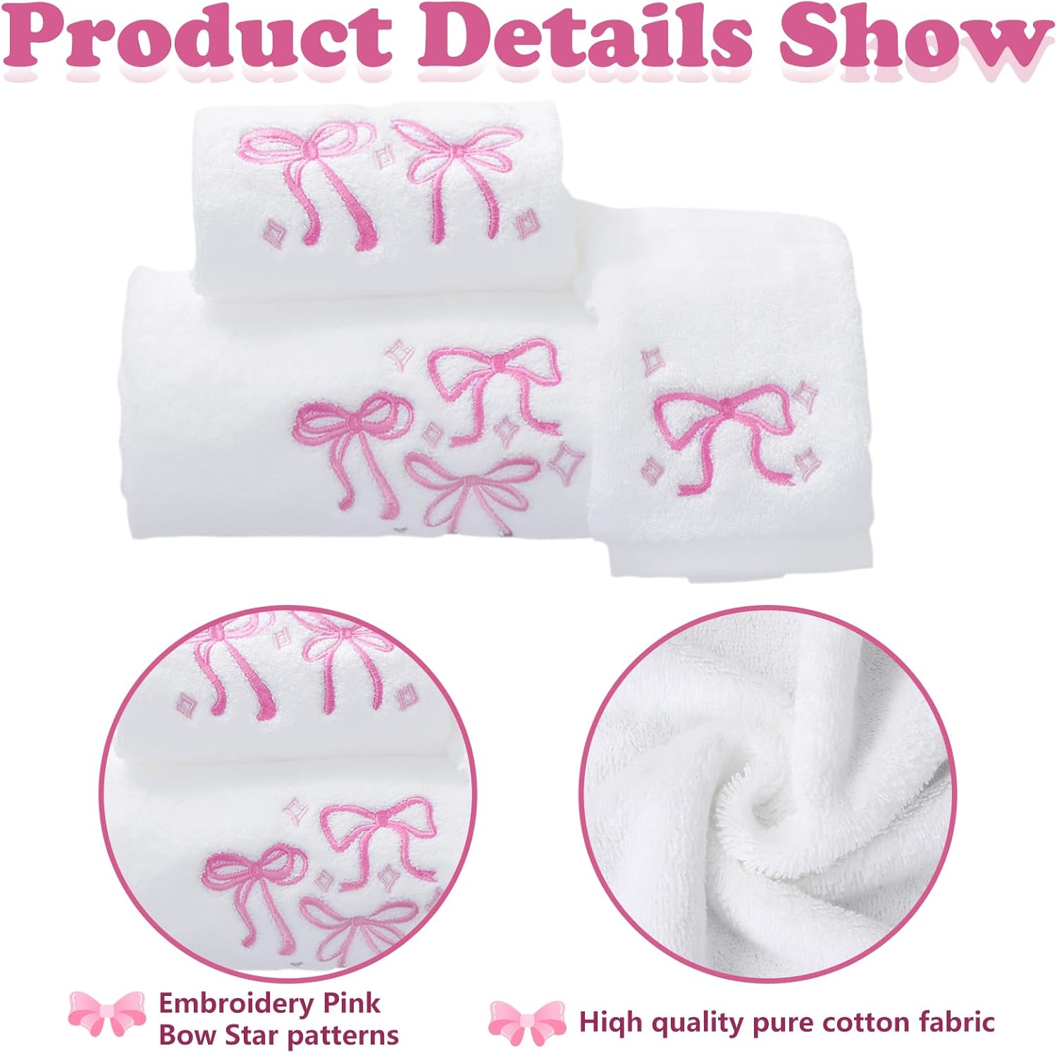 FYSUIMU Pink Bow Towel Set of 3 Cotton Embroidered Bow Knot Bath Towel Hand Towel Wash Cloth for Hand Drying Bathroom Shower Supplies