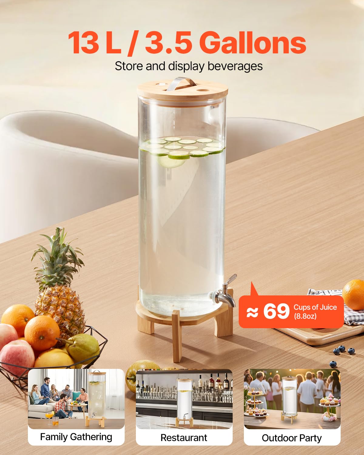VEVOR Dozownik do napojów (1 x 13 l) na imprezy, dozownik soków (ze szkła) z drewnianym stojakiem i kranikiem, dozownik wody do restauracji, na imprezy, lemoniadę, mrożoną herbatę, samodzielnie