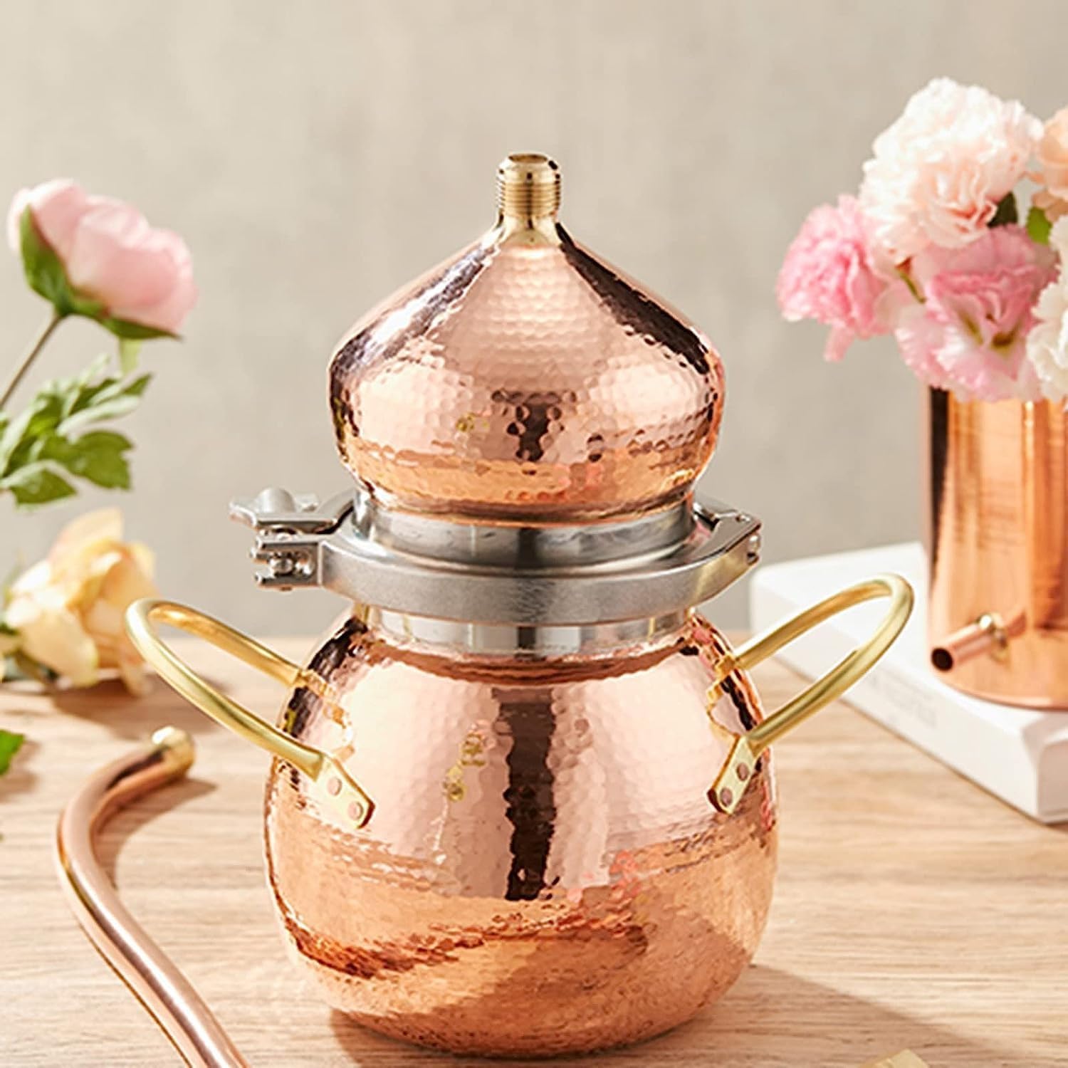 Distillatore al Chiaro di Luna in Rame, alambicco in Rame Puro per Whisky, Oli Essenziali al Chiaro di Luna, con Kit Fai da Te termometro, Kit per Birra Fatta in casa,3L