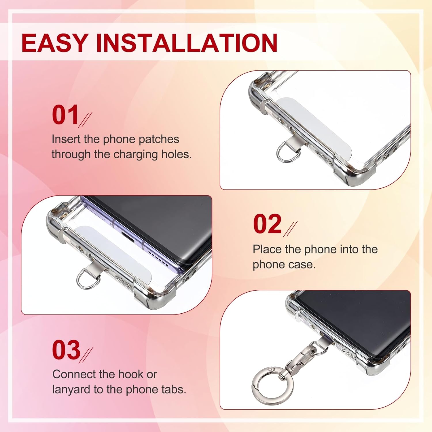 PATIKIL Phone Tether Tab, 2 Pcs Rotatable 360° Double Opening Snap Hooks Cell Phone Lanyard Patch Without Adhesive Phone Strap Replacement Part for All Full Phone Cases, Rose Gold