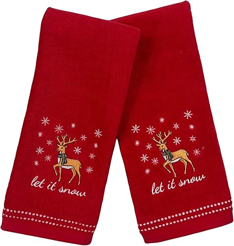 Serafina Home Toallas de mano para invitados de Navidad navideñas Toallas de felpa rojas con renos Let It Snow Bordado