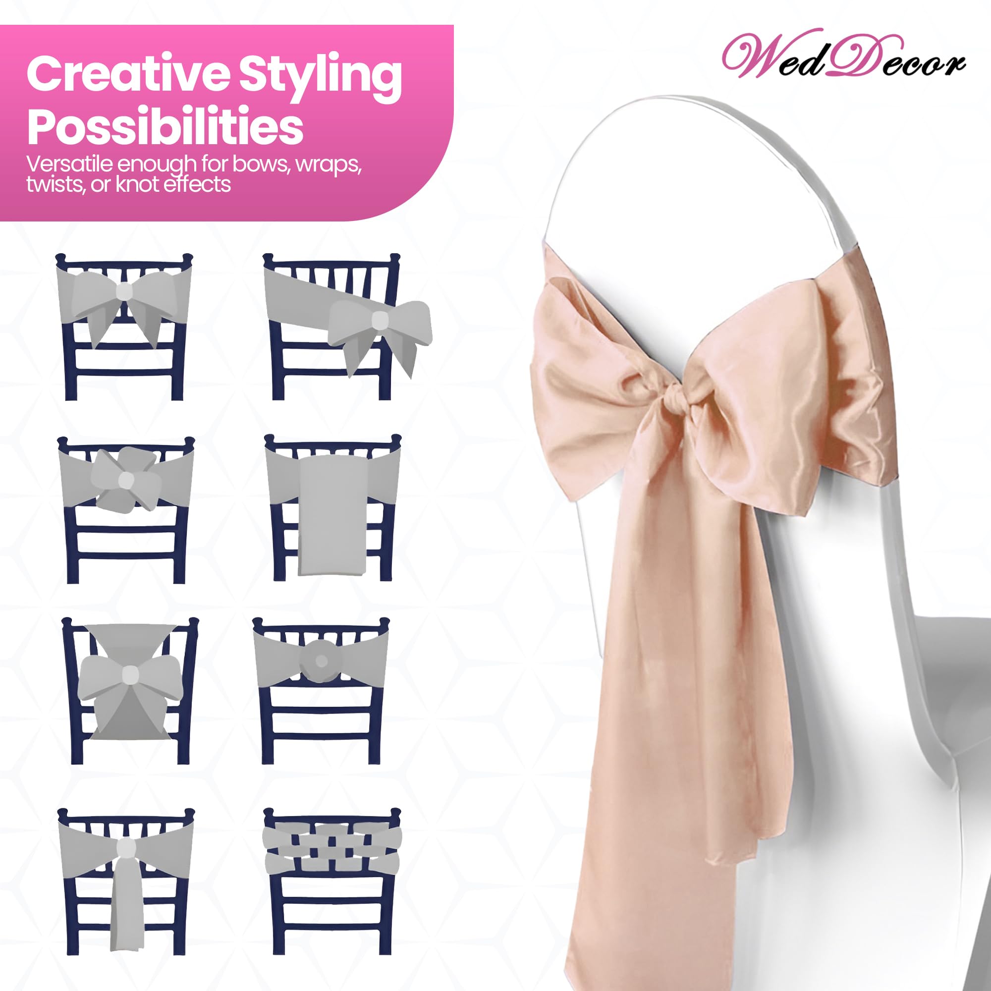 WedDecor Satynowa wstążka w kolorze różowego złota pełniejsza kokarda na ślub urodziny zaręczyny przyjęcie przyjęcie bankietowe wydarzenie dekoracja krzesła do jadalni - 18 x 274 cm, 100 szt