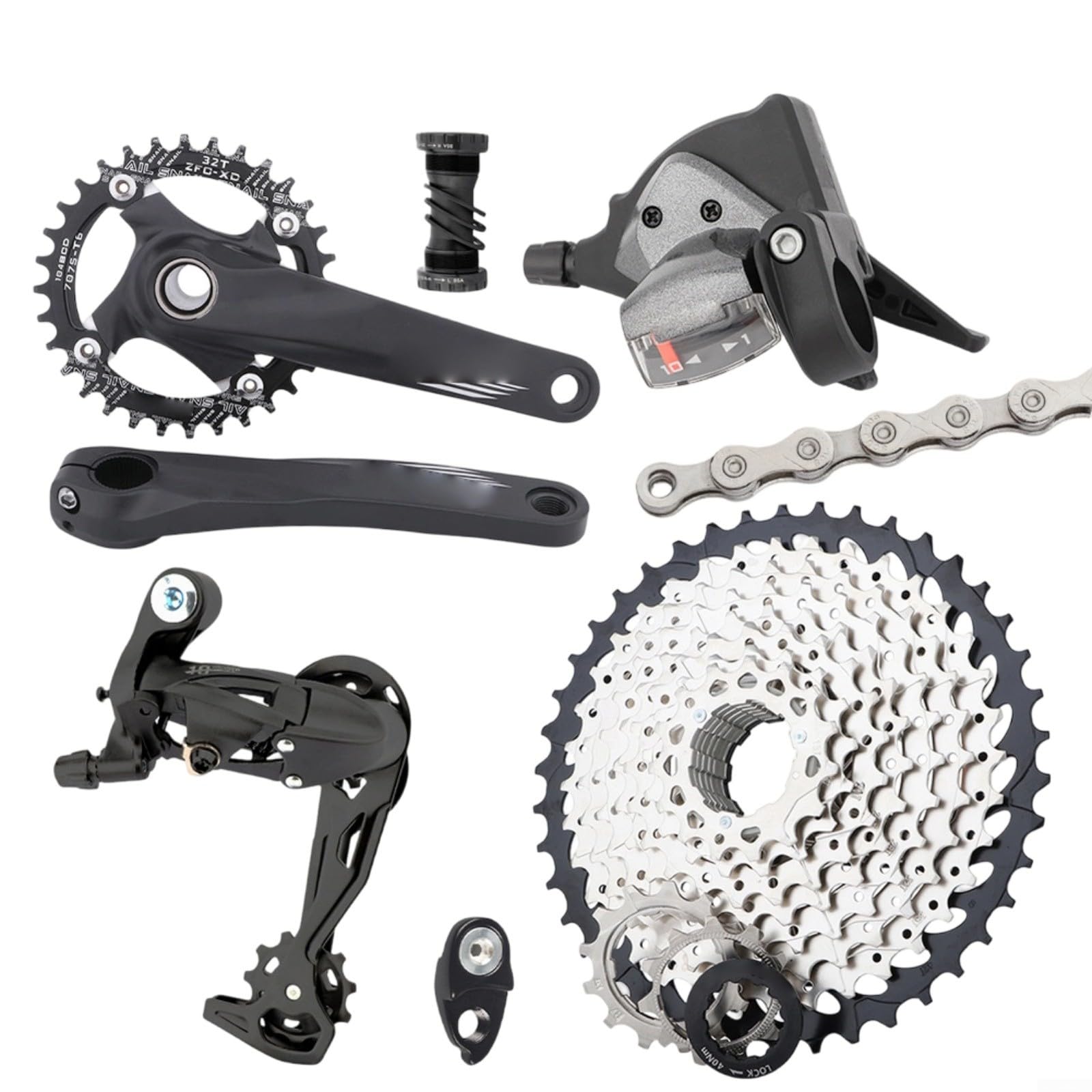 RichVibe Grupo MTB de 10 velocidades que incluye bielas huecas 36T, cadena 42T, palanca de cambios de cadena y desviador trasero para uso en senderos y carreteras