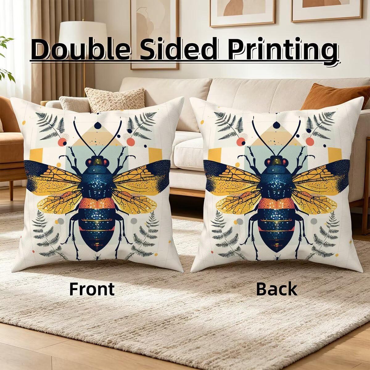 Federe Cuscino Divano 60x60, Beige Cuscini per Divano da Esterno Set da 4, Lino Copricuscini Divanos Impermeabile, Copri Cuscini Calabrone Motivo Fronte Retro Stampato per Giardino, Sofá, Balcón, F-21