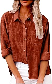 Generisch 2025 - Camisa de manga larga con solapa de color liso para mujer de primavera y verano con bolsillos y aberturas laterales camisa casual pantalones muselina mujer, café, L