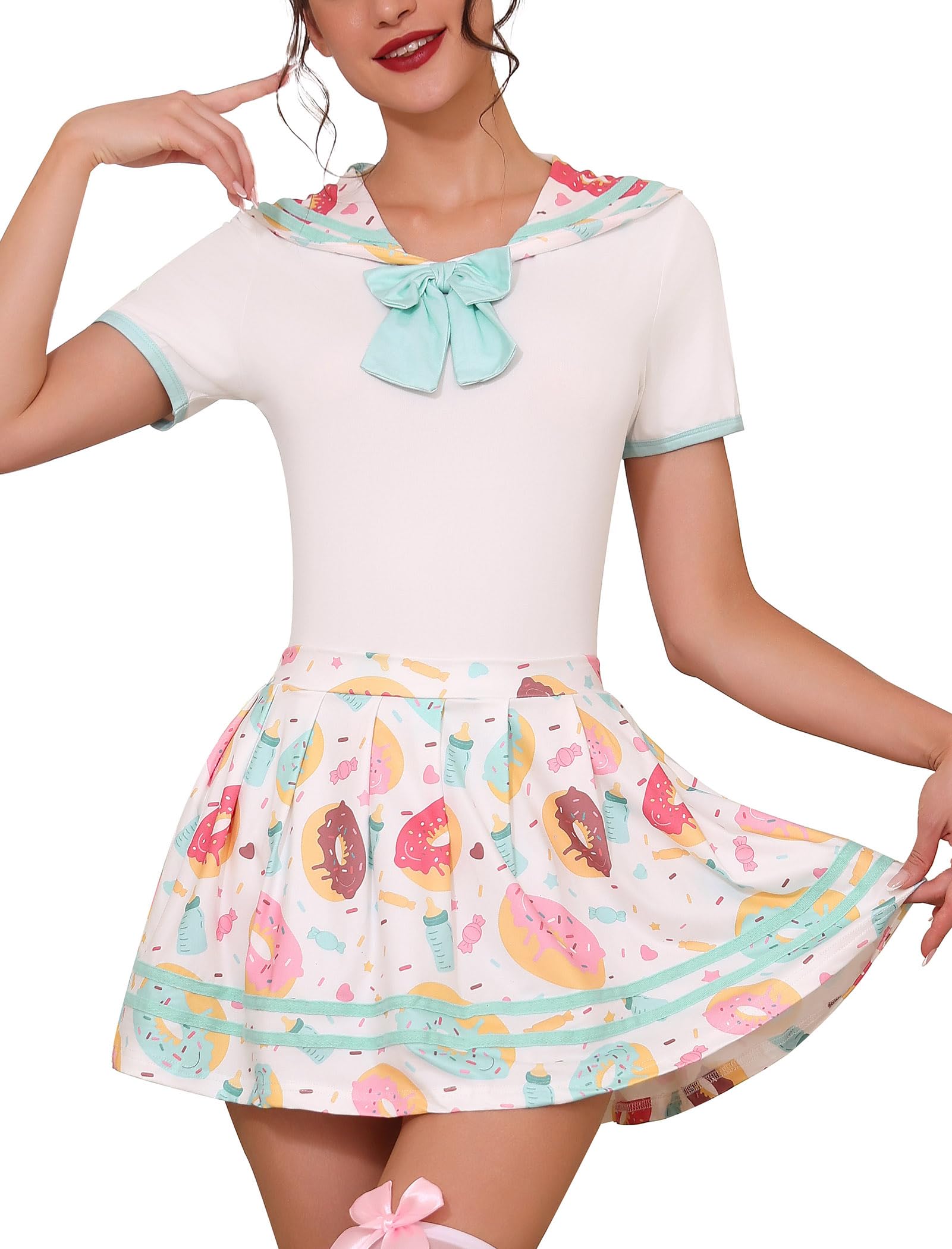 ABAFIP Women Cute Romper Dress Short Sleeve Pajama Bodysuit Pleated Skirt Sailor Outfits Nightwear Set