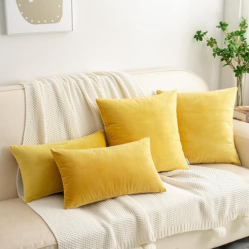 Miniatura 2 de HWY 50 fundas de almohada decorativas de terciopelo sólido para sofá, sala de estar., Terciopelo, Amarillo, 18x18 pulgadass