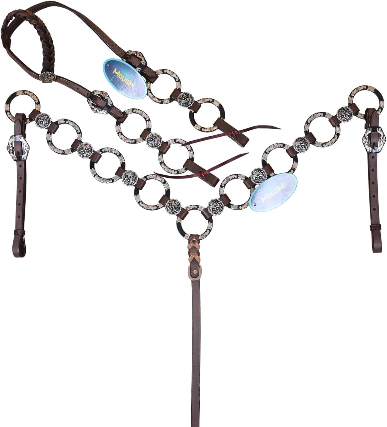 Western Ring Headstall and Breast Collar Handmade Tack Set for Horses, Two-Tone Brown with Engraved Nickel Rings, Raw Leather Laces & Braided Browband, Argentina Leather