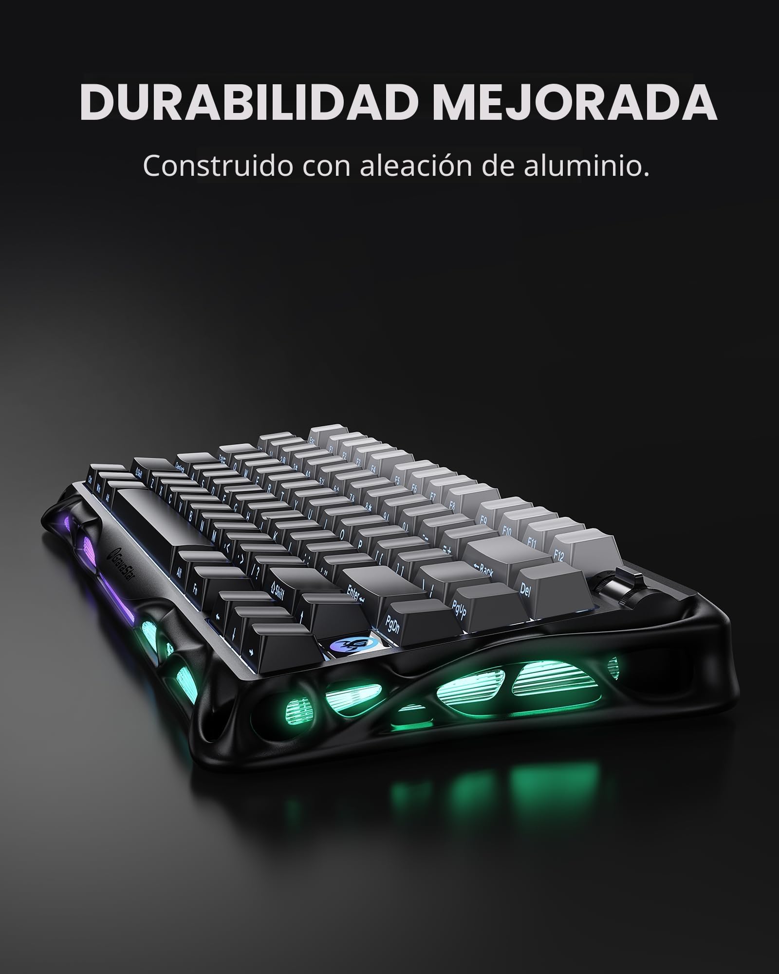 GravaStar Mercury K1 Teclado Mecánico Gaming 75% Inalámbrico, Diseño de Exoesqueleto de Aluminio, Hot-Swap, Interruptores Lineales, Retroiluminación RGB - Degradado Negro