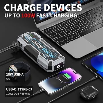 Car Jumper Starter Portable 24000mAh 12V Peak 4000A Jump Box for Car Battery Cargador De Bateria De Carro Portatil Waterproof IP67 Magnetic Hook Fast Charge 100W Led Lights Camping