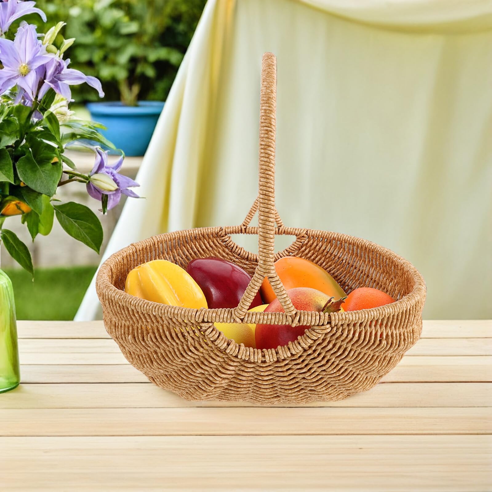BESPORTBLE Cestino Intrecciato in Imitazione Rattan a Forma di Zucca Grande, Portaoggetti Multiuso da Cucina in Plastica Manico, Contenitore Leggero per Frutta, Verdura e Picnic, Organizer