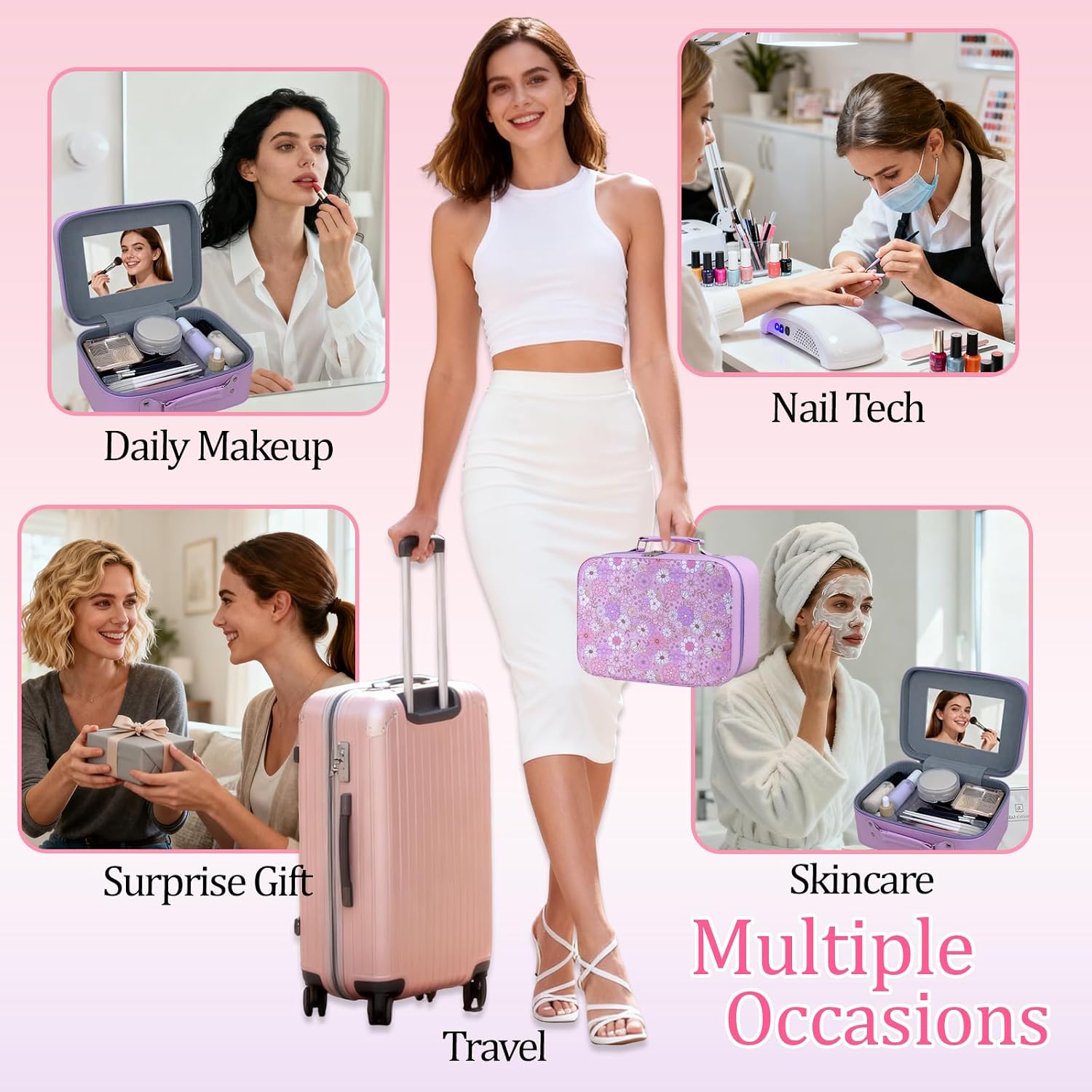 Travel Makeup Case with Mirror, Large Capacity Cosmetic Bag,for Bedroom, Travel,Portable Organizer for Cosmetics, Nail Tools, Craft Supplies, Gift for Women Mom Girls