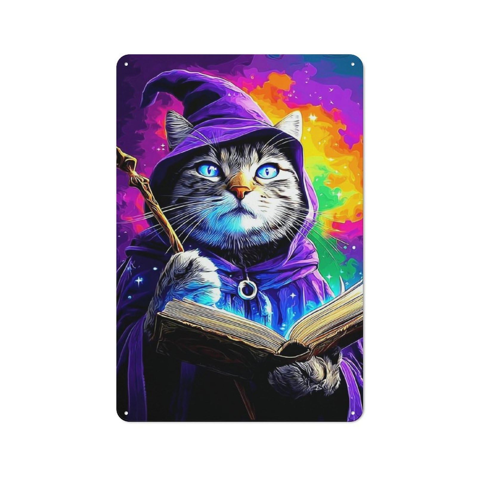 Metal Wall Sign 30x20cm Featuring Wizard Cat with Spellbook for Café Or Home Bar, for Metal Sign Collectors, for Garage And Workshop Walls