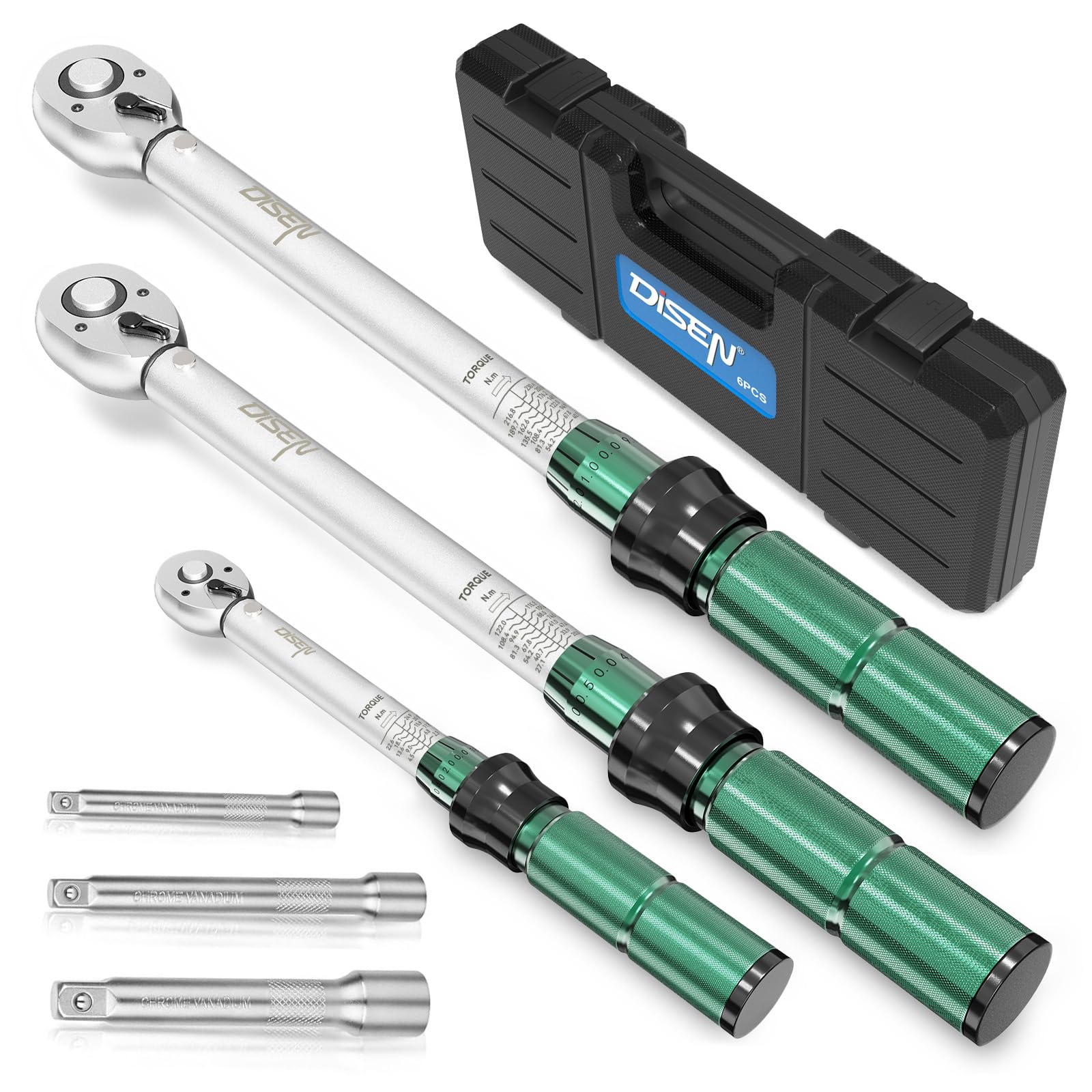 DISEN Juego de llaves dinamométricas de 6 piezas con calibración de precisión (1/2"+3/8"+1/4" pulgadas) – Cabeza de carraca bidireccional para coche, moto, bicicleta – con certificado de calibración y