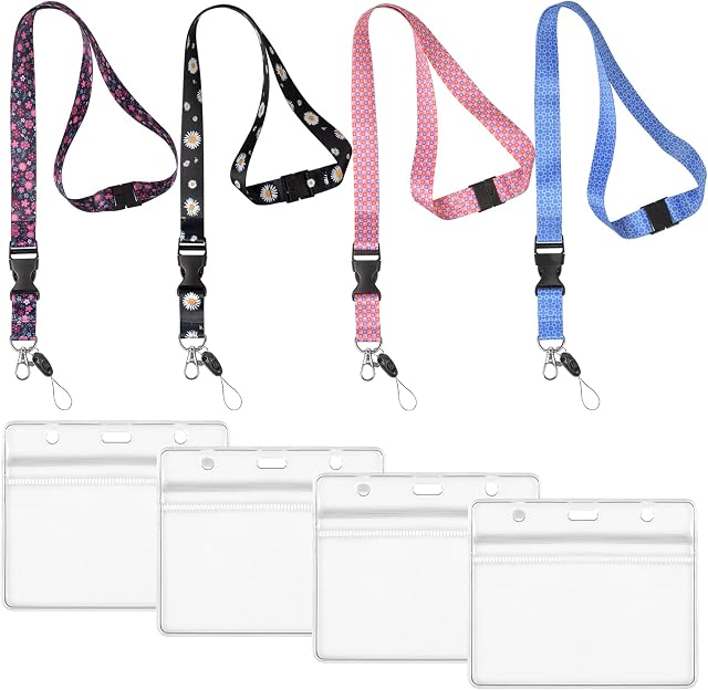 Lanyard with Card Holder Set of 4 ID Card Holders and Lanyards Premium Soft Lanyards for Neck with with Metal Clips for Keys USB ID Card Phone Detachable Waterproof Transparent Badge Holder