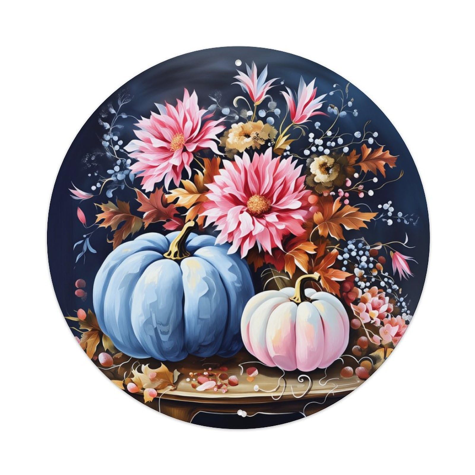Autumn Flowers Pumpkins Leaves Berries Round Tin Sign Retro Metal Sign for Cafe Bar Pub Home Game Room Gym Club Wall Decoration Vintage Metal Poster 8x8 Inch