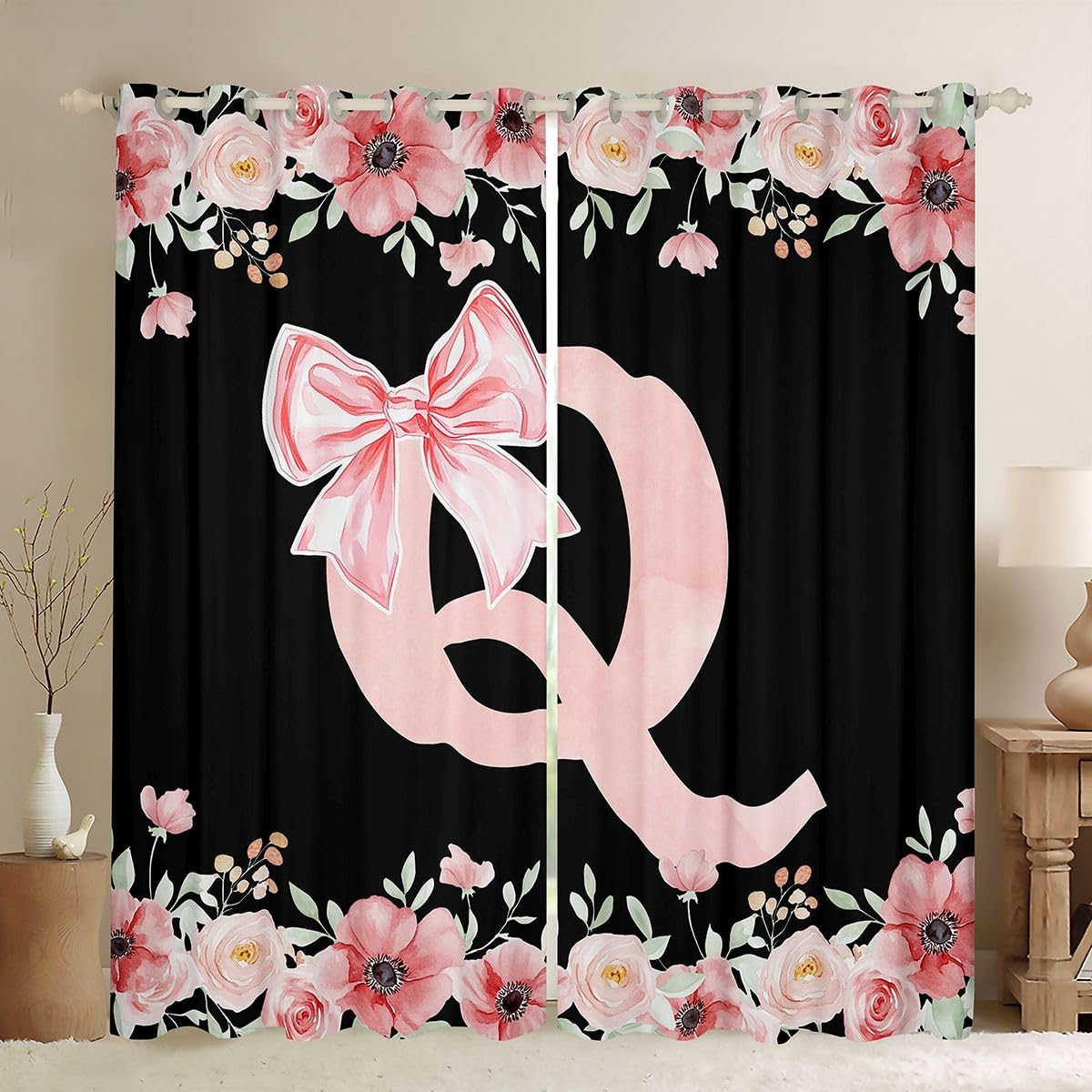 Rideaux Voilage Fleurs Roses et Alphabet pour Fenêtre de Chambre