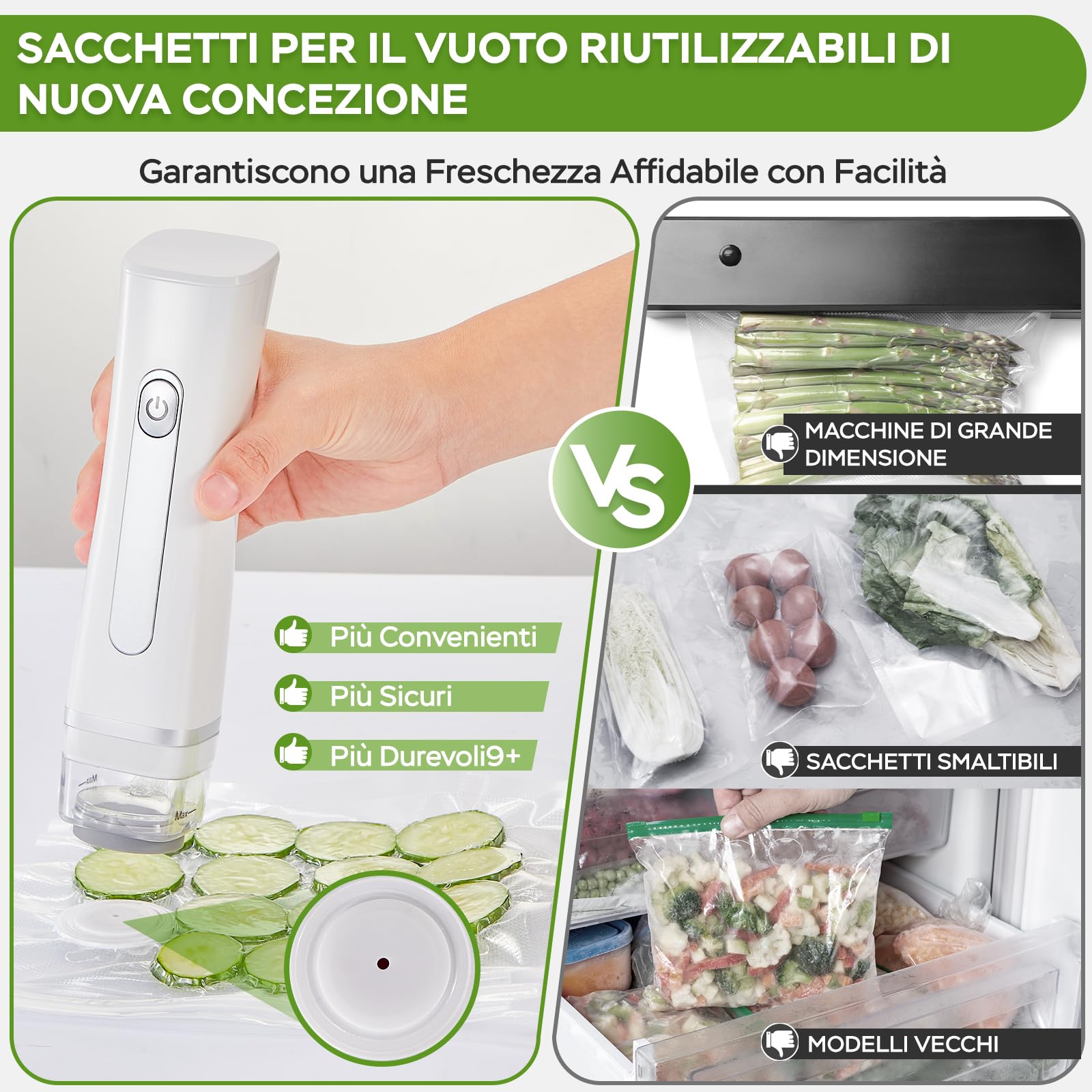 Macchina Sottovuoto per Alimenti, Sottovuoto Alimenti Portatile con 20 Sacchetti Sottovuoto Riutilizzabili, Macchina Sottovuoto per la Cottura Sottovuoto e la Conservazione Degli Alimenti