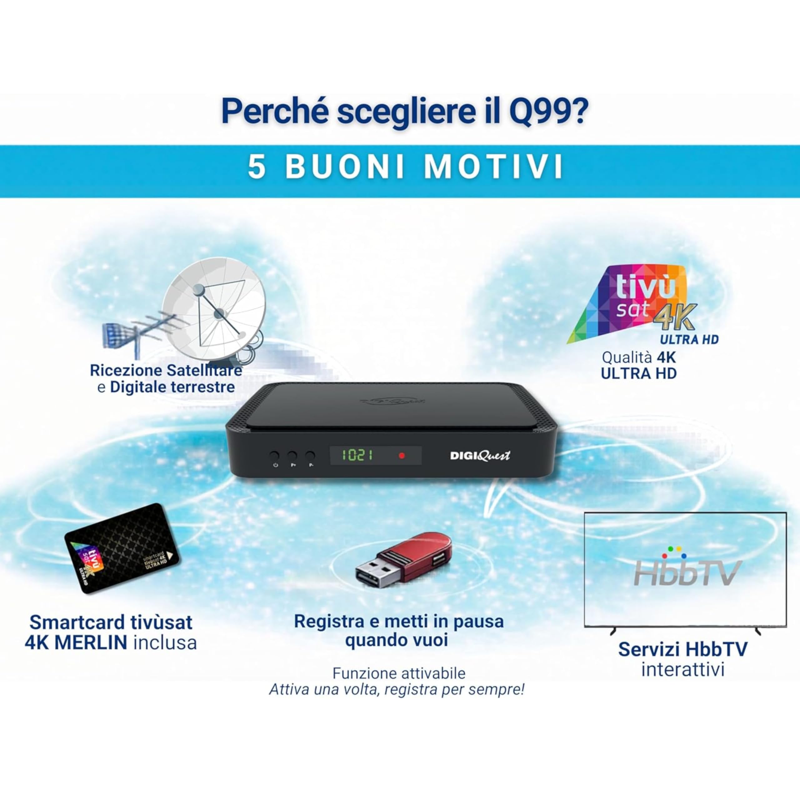 DIGIQUEST Decoder tivùsat Combo 4K Q99 | Satélite + Terrestre | HbbTV Interactivo | HEVC Main 10 | Grabación activable | Mando 2 en 1 | Smartcard incluida | Preparado para Sistema Merlin