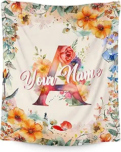 Custom Blanket with Name, Flower Initial Throws Gift for Kids, Soft Anniversary Birthday Gifts for Her, Cozy Flannel Throw Blankets for Couch Office, 30x40 Inches