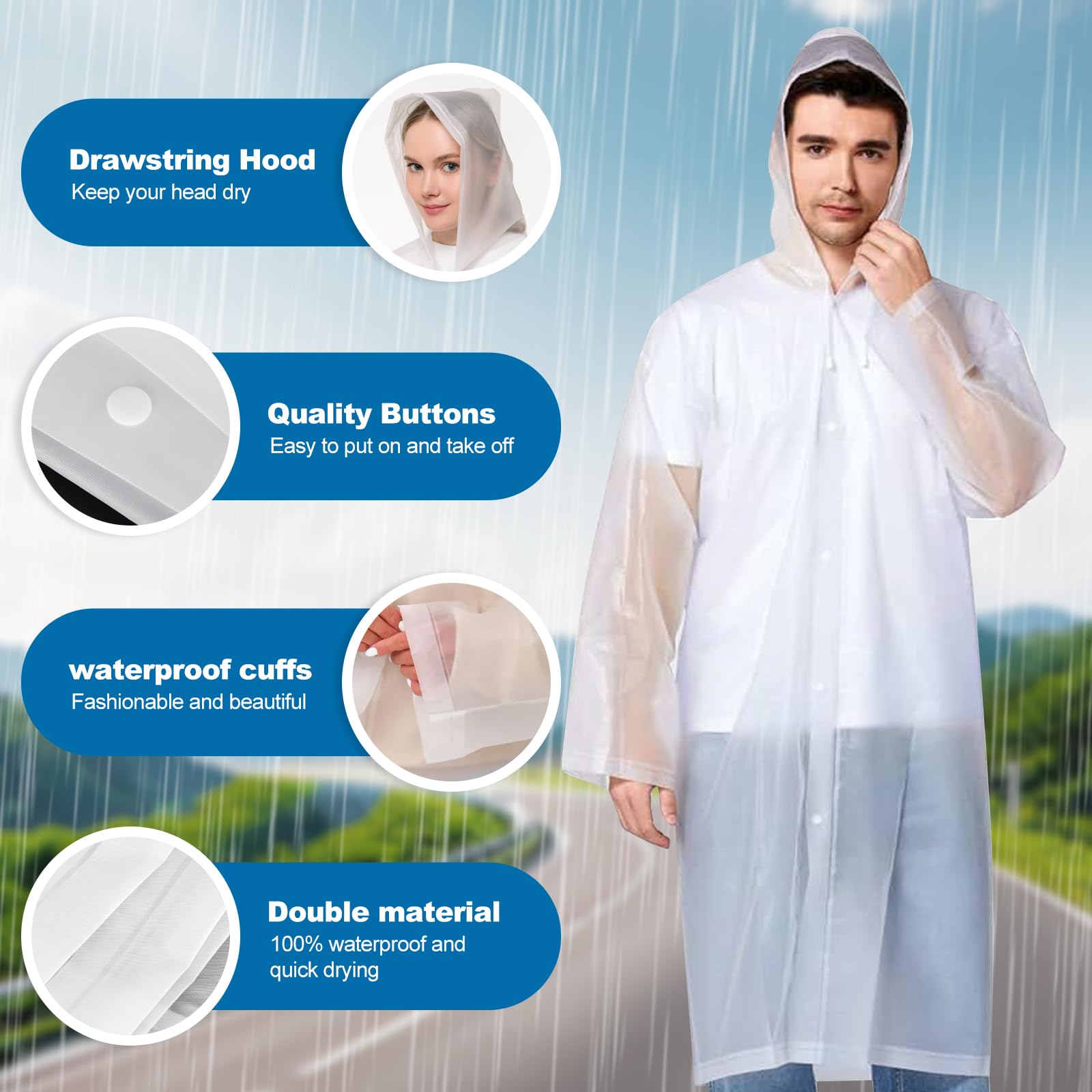 Lot de 2 Poncho Pluie Imperméable, Réutilisable Cape de Pluie, avec Chapeau, EVA Poncho Pluie, pour Homme et Femme, pour Randonnée, Camping, Festival, Vélo et Voyage