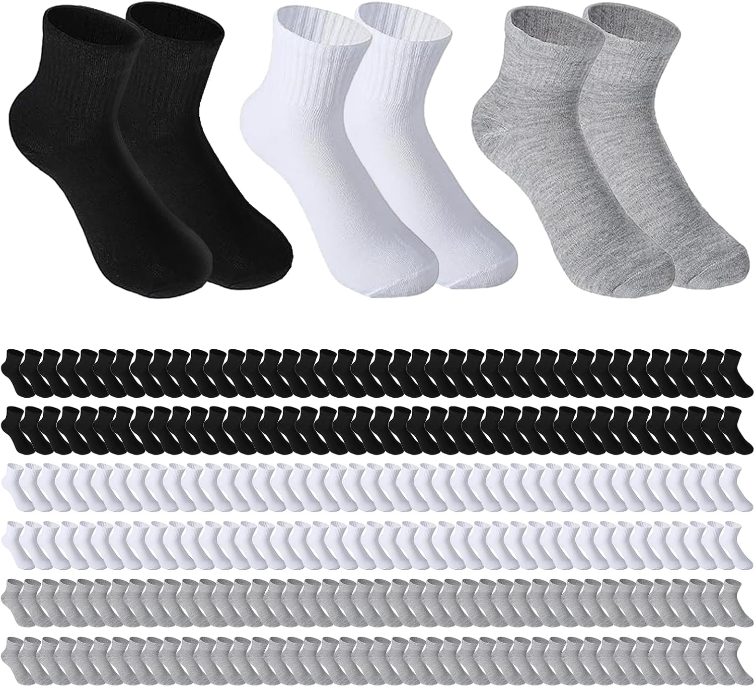 126 Pairs Mens Socks Bulk, Unisex Quarter Ankle Sock, Pack of Athletic Moisture Casual Sports Socks, Bulk for Homeless Men Women, Black Gray White, One Size