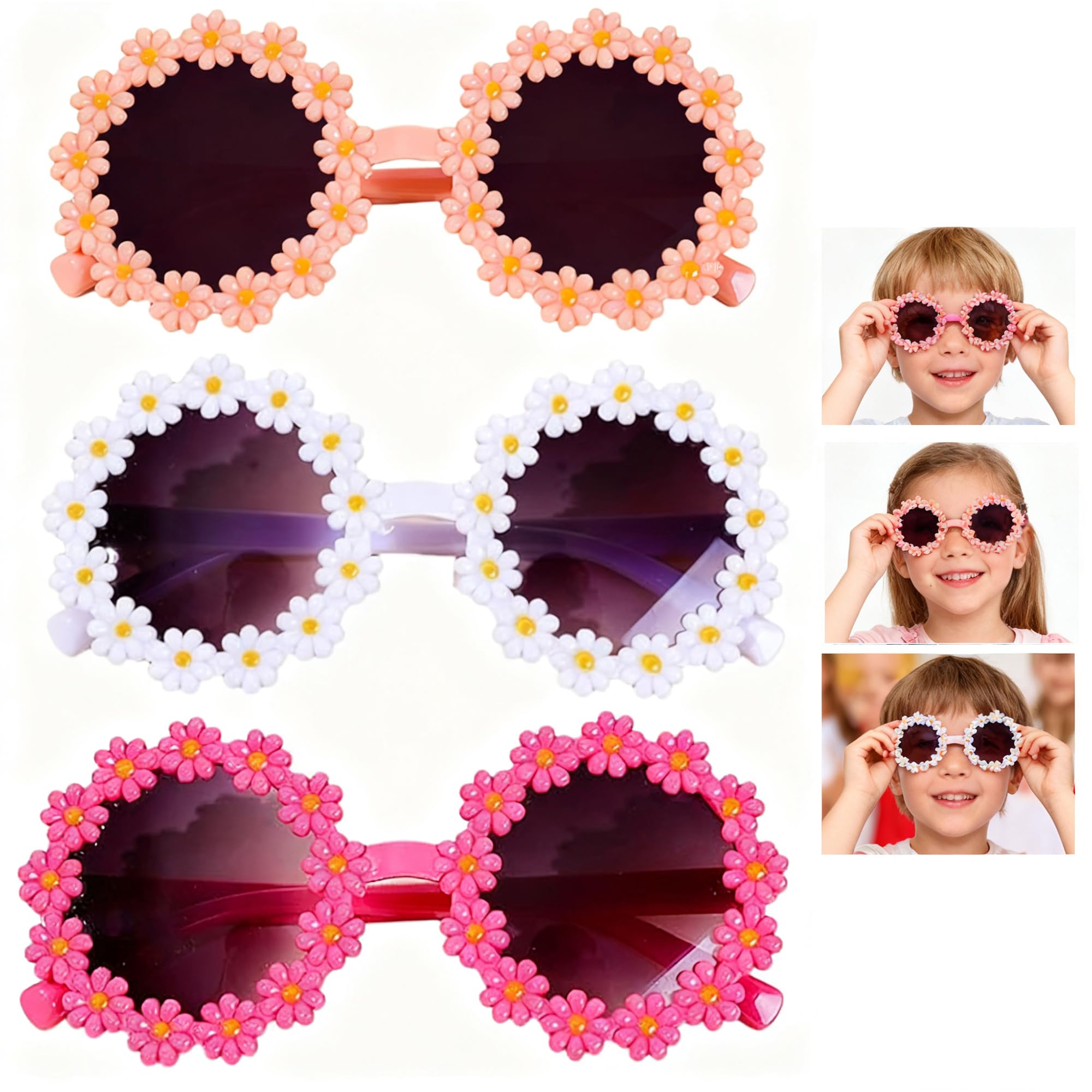 Qinsky Love Daisy Sunglasses 3 Pairs - Clear Frame Daisy Shape Round Glasses Novel Floral Vintage Sunglasses UV400 for Women Girls Festival Beach Party Sunflower Glasses
