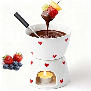 Ceramic Cheese and Chocolate Fondue Set with 2 Dipping Forks – Mini White Melting Pot for Romantic Dinner, Seafood, Dess