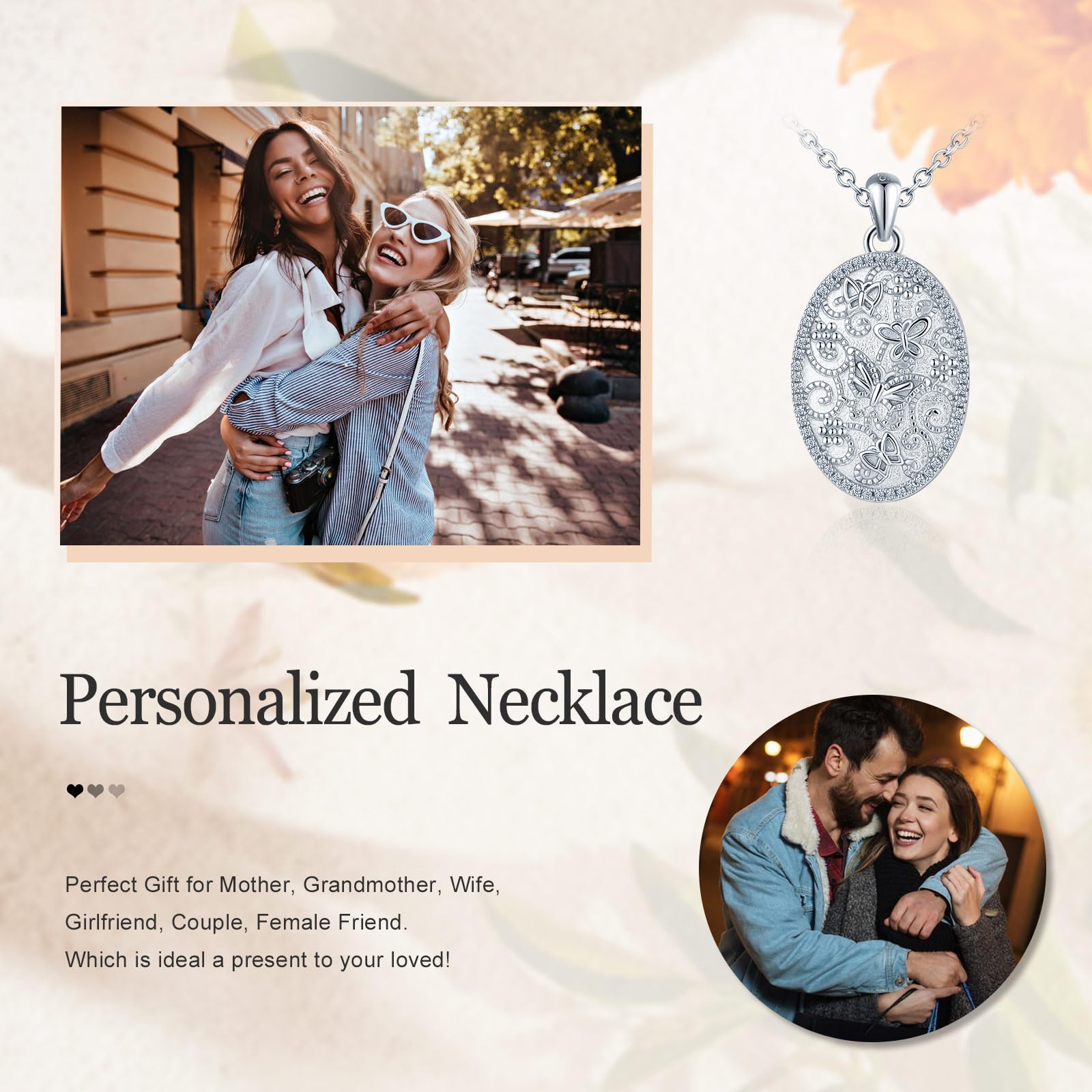 Damen Foto Medaillon Halskette 925 Sterling Silber Kette Elliptische Schmetterlinge Muster Anhänger