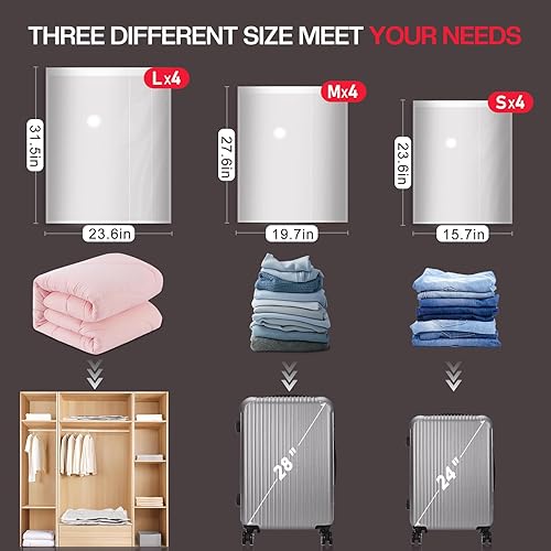 Miniatura 3 de Bolsas de almacenamiento al vacío para viajes, paquete de 12 bolsas de sellado al vacío para ropa de viaje, bolsas selladoras al vacío con bomba