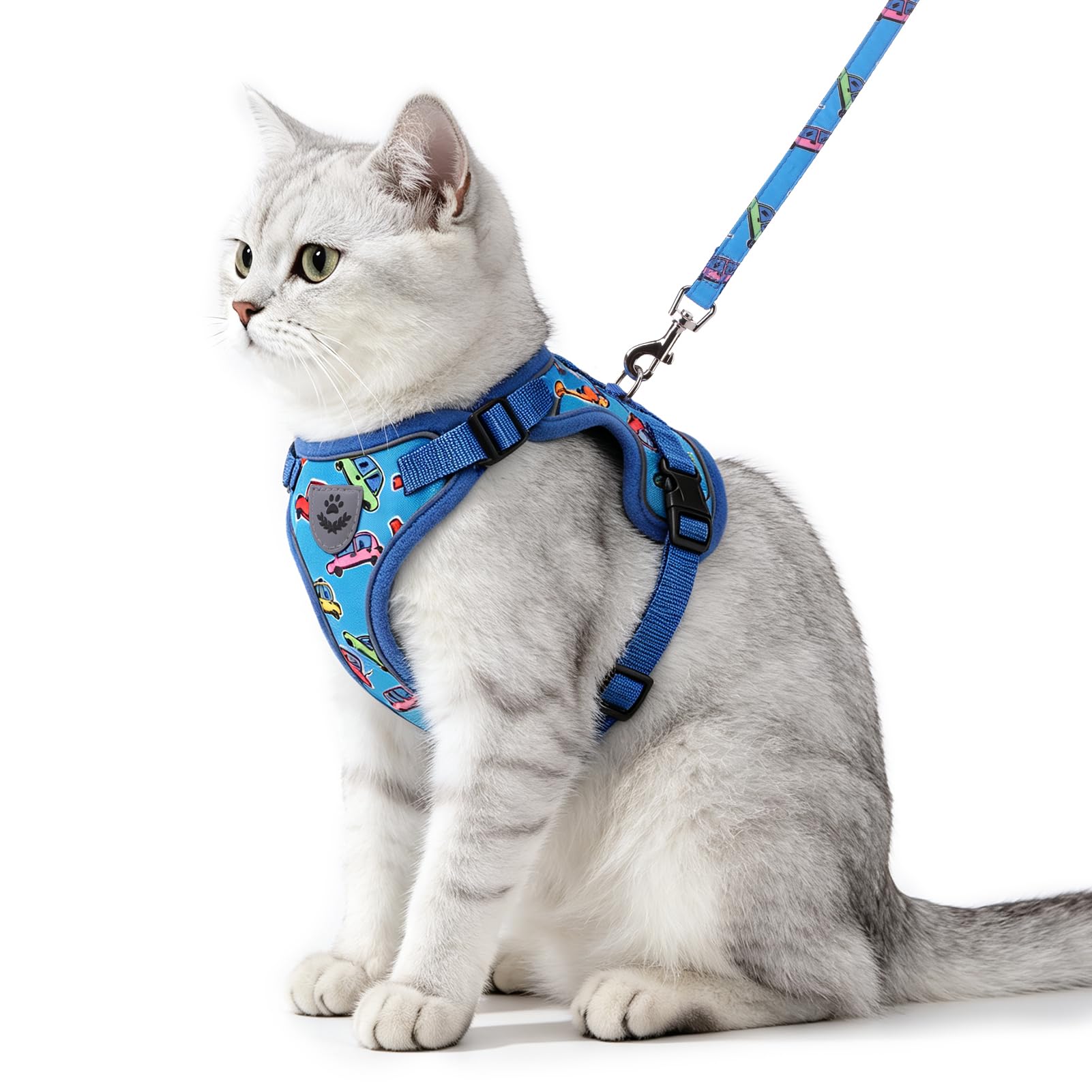 PUPTECK Cat Harness and Leash Set Escape Proof Reflective Cat Walking Harness Adjustable Soft Breathable Mesh Vest for Small Pets, Blue Car, S