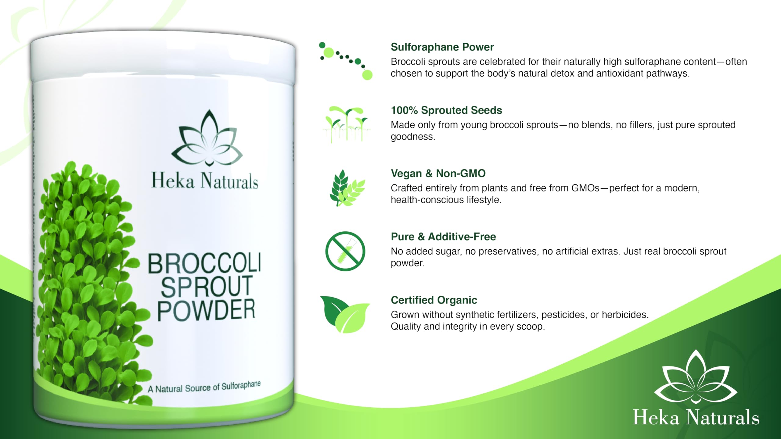 Heka Naturals Brote de brócoli en polvo, superalimento 100% puro de semillas germinadas, rico en sulforafano, vegano, sin OMG y libre de aditivos, 1000 g