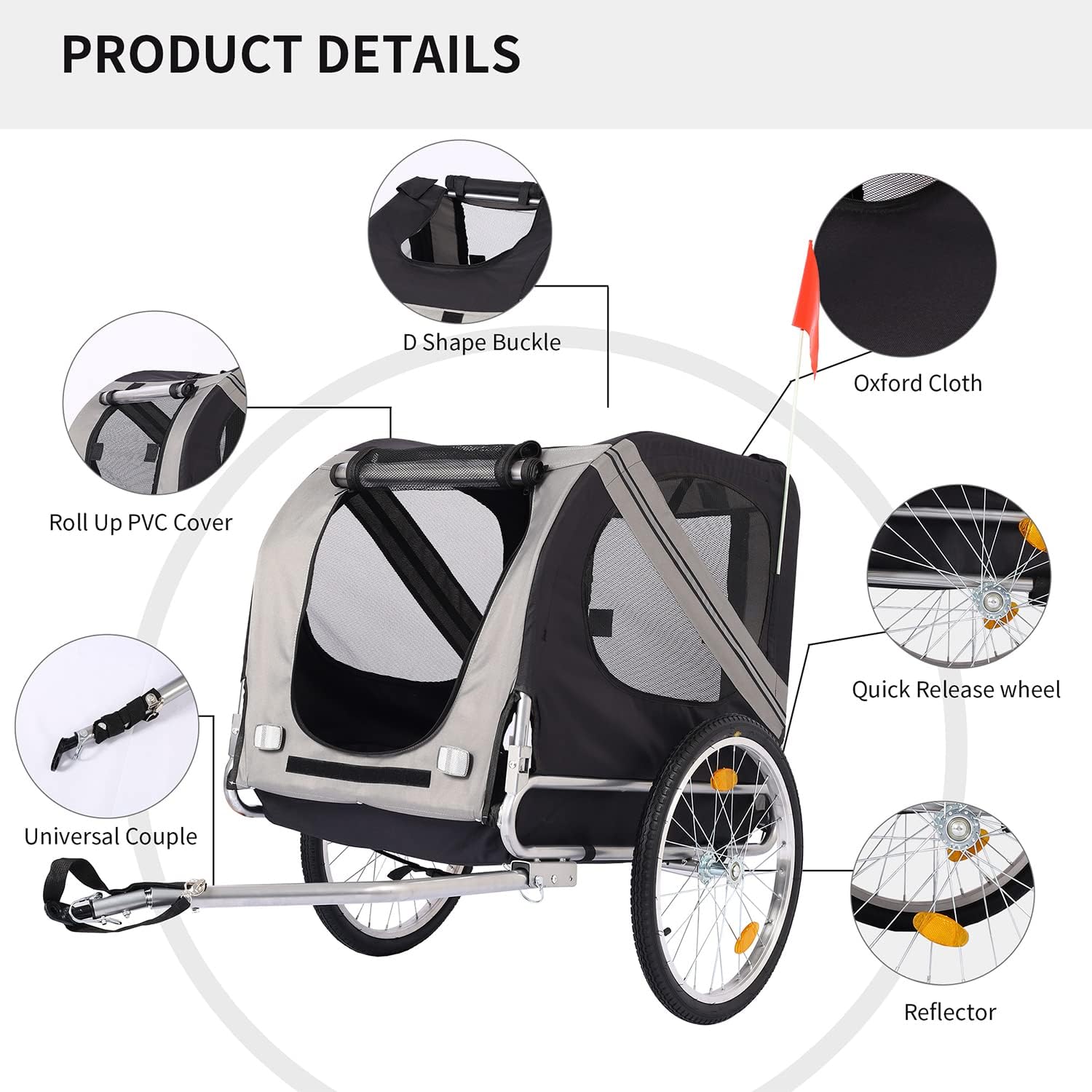 Folding Dog Bike Trailer, Heavy Duty Pet Cart Bicycle Wagon Cargo Carrier Attachment for Travel with Universal Hitch, 3 Doors, Aluminum Wheels, Safety Flag, Easy to Connect & Disconnect,Gray