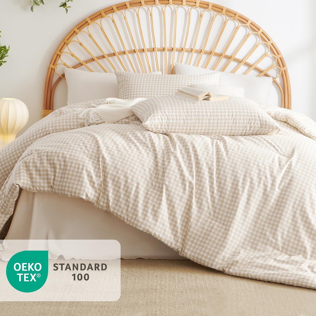 Gingham Comforter Set Twin Size Beige Plaid Checkered Bedding Set Modern Reversible Geometric Grid Comfoter with 1 Pillowcase Soft Lightweight Comforter Set for All Seasons