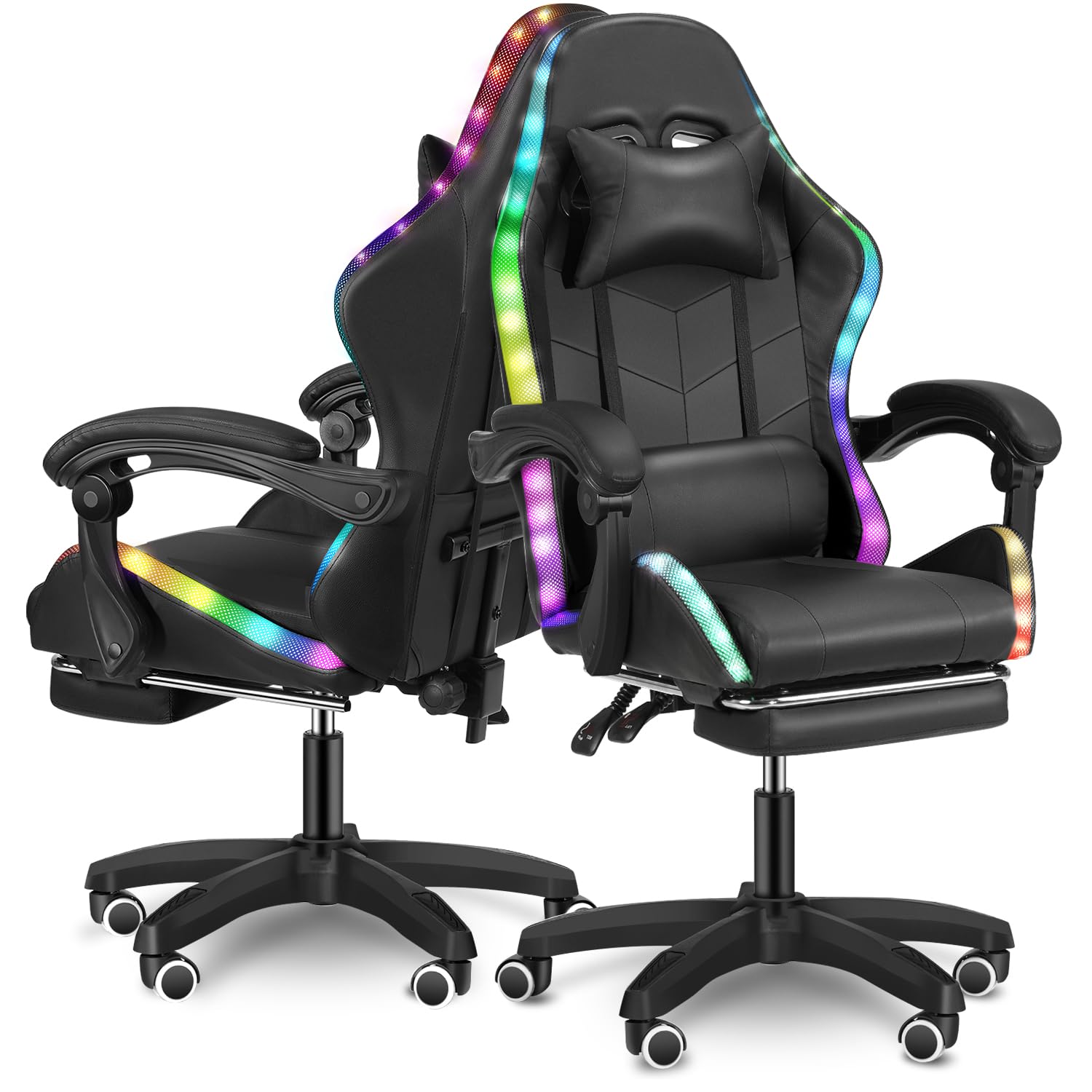Silla LED para videojuegos, silla de ordenador con reposapiés y cojÃn lumbar, silla ergonómica con reposacabezas ajustable, silla de oficina para juegos, soporta hasta 180 kg (solo sillas para juegos,