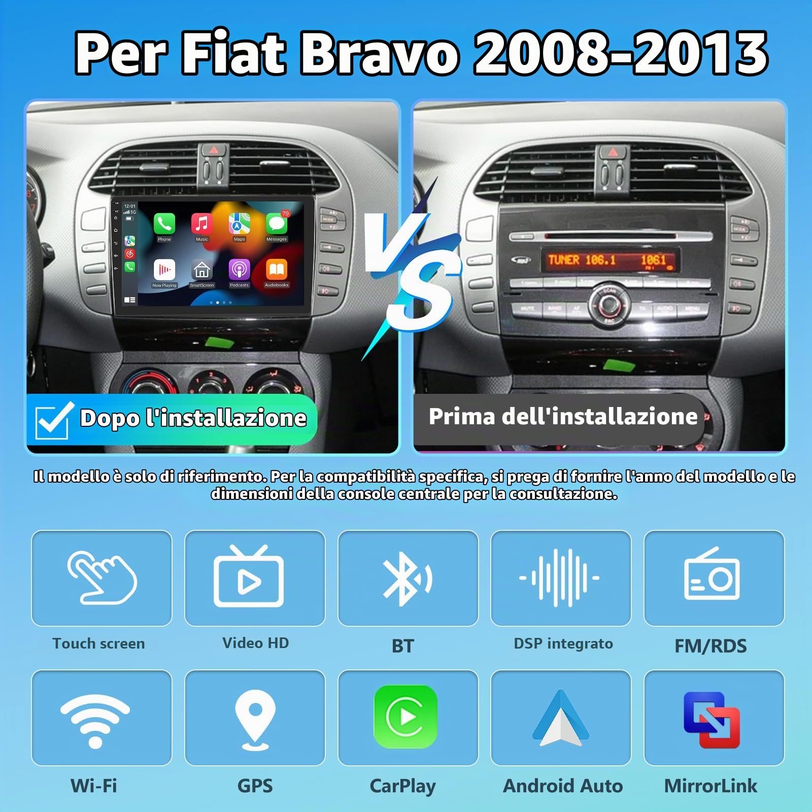 Autoradio per Fiat Bravo 2008-2013 con Wireless Carplay Android Auto, 2GB+ 64GB Bluetooth GPS Navigation WiFi FM/RDS Radio SWC EQ DSP Canbus+Telecamera Posteriore