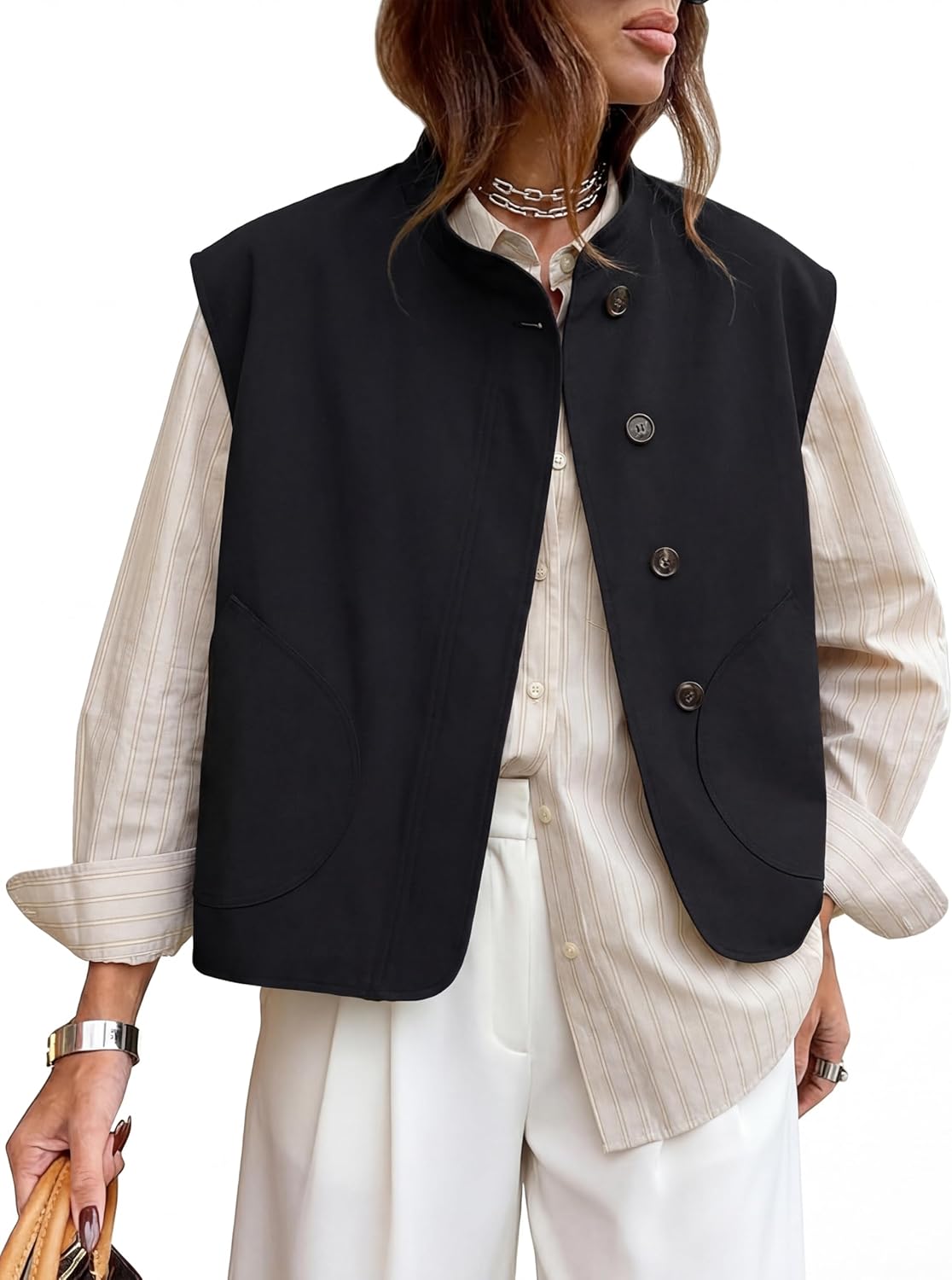 Watashi Women's Stand Collar Cotton Vest Casual Button Up Oversized Sleeveless Waistcoat for Fall Spring Layering Cardigan