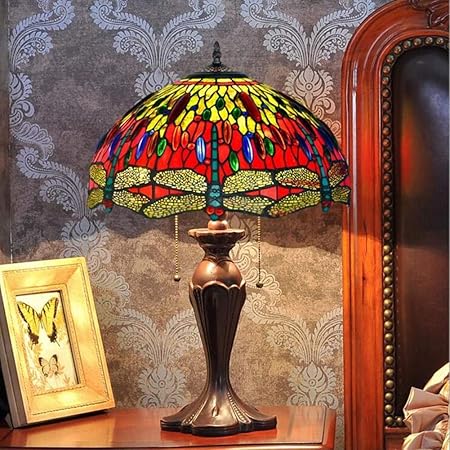 AIBOTY European Tiffany Style 16-Inch Retro Table Lamps Stained Glass Enamel Colorful Series Table Lamp Crystal Bead Blue Dragonfly Style Desk Lamp 2-Light