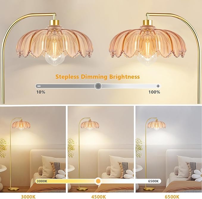 ILLMTW Gold Floor Lamp for Living Room,Bedroom,Mid Century Modern Standing Lamp with Remote,Dimmable Brass Tall Lamp Amber Glass Lamp Vintage Retro Arc Floor Lamps Flower Floor Light Boho Bohemian photo 2