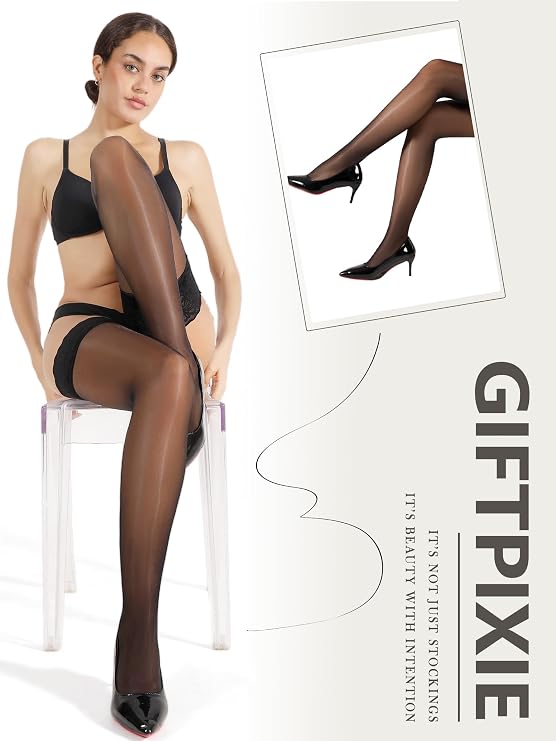 Silk Thigh High Stockings for Women, Shiny Reinforced Lace Top Tights with Anti-Slip Silicone, Sexy Sheer Lingerie