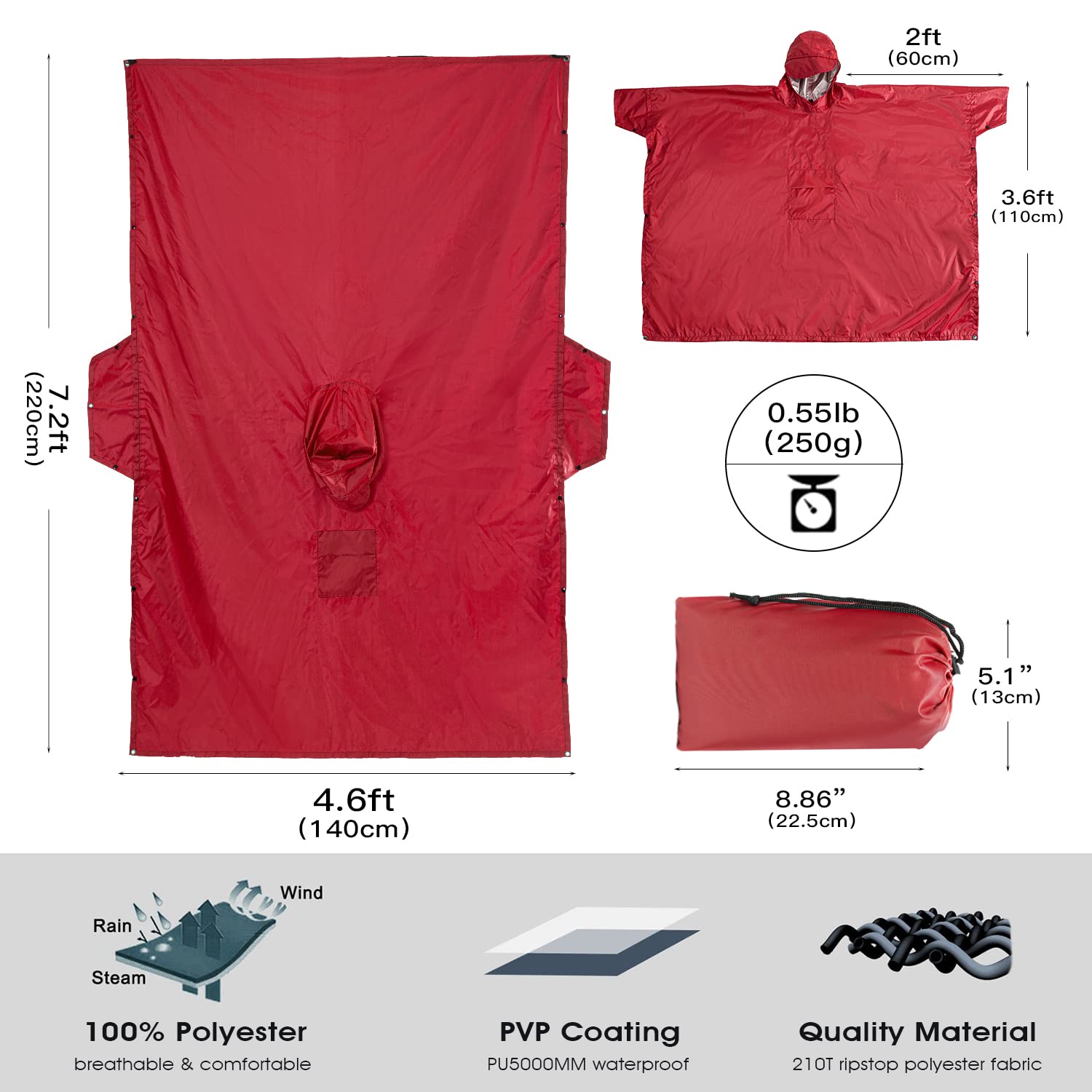 Impermeable al Aire Libre Poncho de Lluvia Multifuncional Abrigos de Lluvia con Capucha Mujeres Hombres Ropa de Lluvia roja for Acampar Camping Senderismo Impermeable de Viaje (Color : Red)