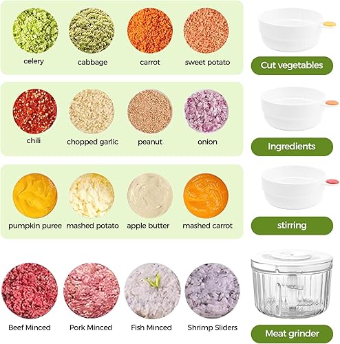 Miniatura 5 de Picadora compacta inalámbrica de alimentos, picadora de carne eléctrica con 2 cuchillas, 4 cuencos para preparación de comidas, alimentos para