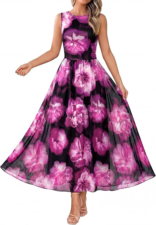 BTFBM Summer Dresses for Women 2026 Floral Maxi Dress Sleeveless Mesh Flowy Spring Wedding Guest Dress Long Sundresses