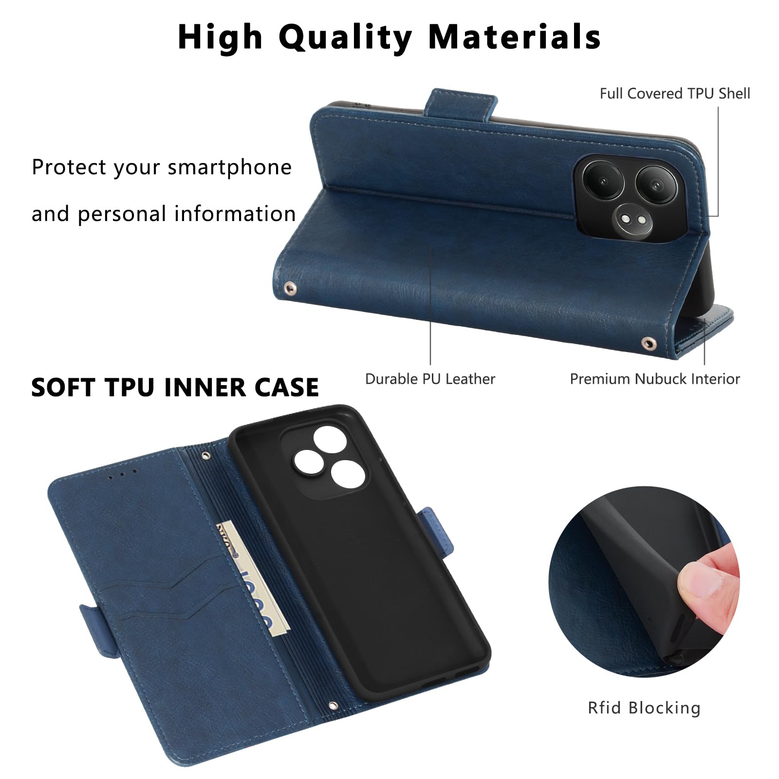 Cover Per Realme GT 6/Realme GT 6T, Custodia Flip Pelle Portafoglio, Magnetica Libro Slot Schede Per Realme GT 6 Cover, Silicone TPU Bumper Wallet con Supporto Antiurto Case Per Realme GT 6T Blu