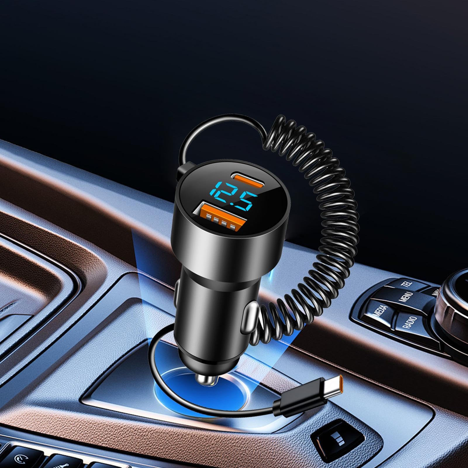 Caricabatteria da Auto USB C,Caricabatteria da Auto USB C,Adattatore di | Ricarica Rapida per PD QC 3.0 | Adattatore per cavo arrotolato per Camion berlina SUV